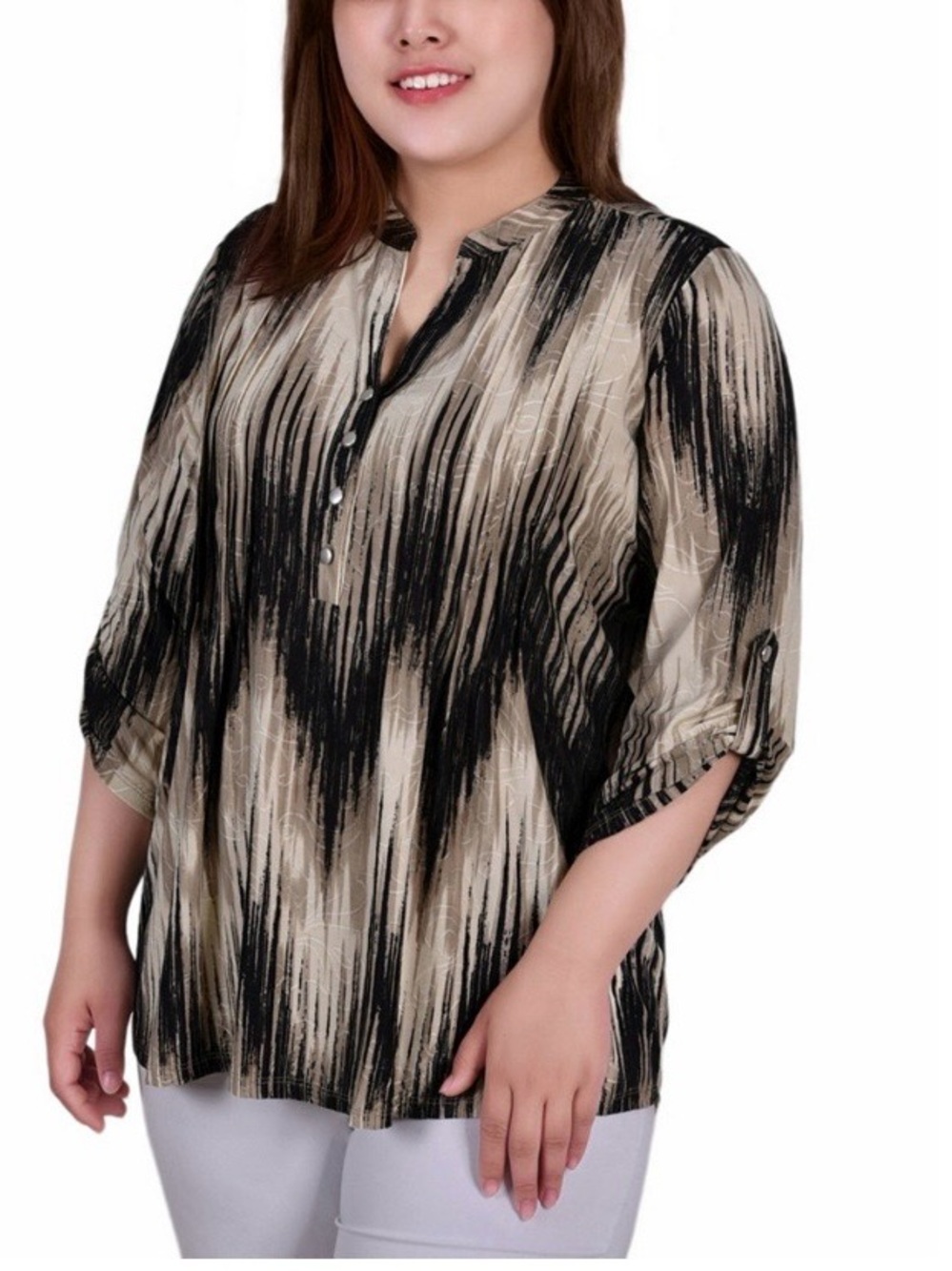 NY Collection Black and Cream Abstract Stripe Tunic Blouse